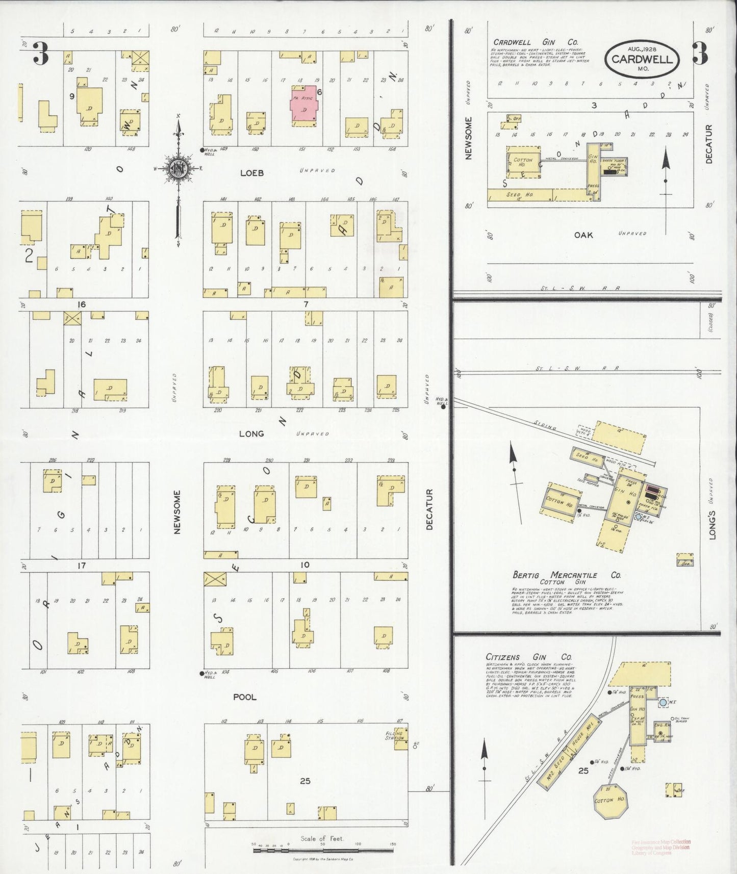 Sanborn Fire Insurance Map from Cardwell, Dunklin County, Missouri (1928), Sheet #0003 - Complete Map Set gallery image, historic Sanborn map, vintage wall art, Missouri Missouri