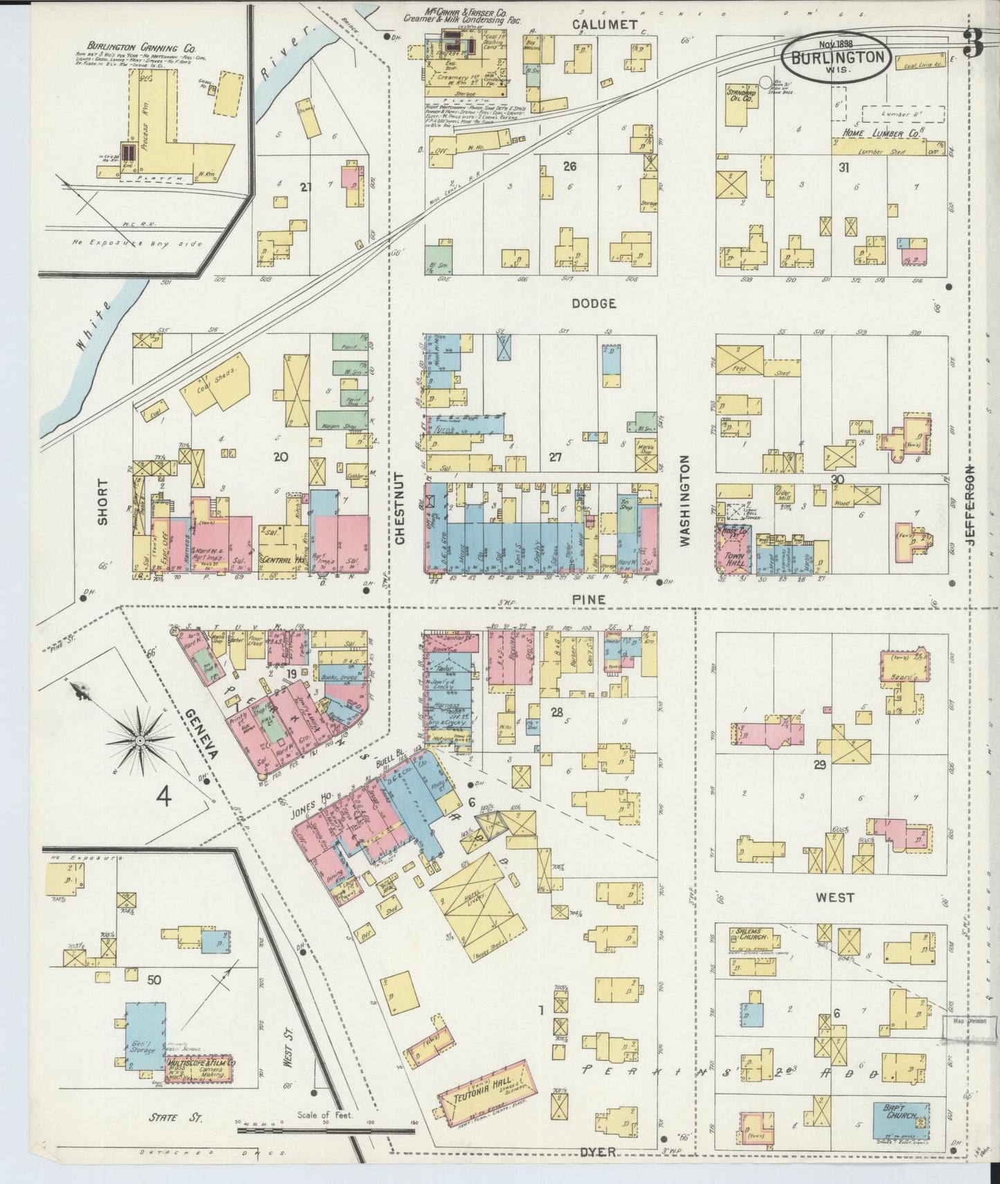 Sanborn Fire Insurance Map from Burlington, Racine County, Wisconsin (1898), Sheet #0003 - Complete Map Set gallery image, historic Sanborn map, vintage wall art, Wisconsin Wisconsin