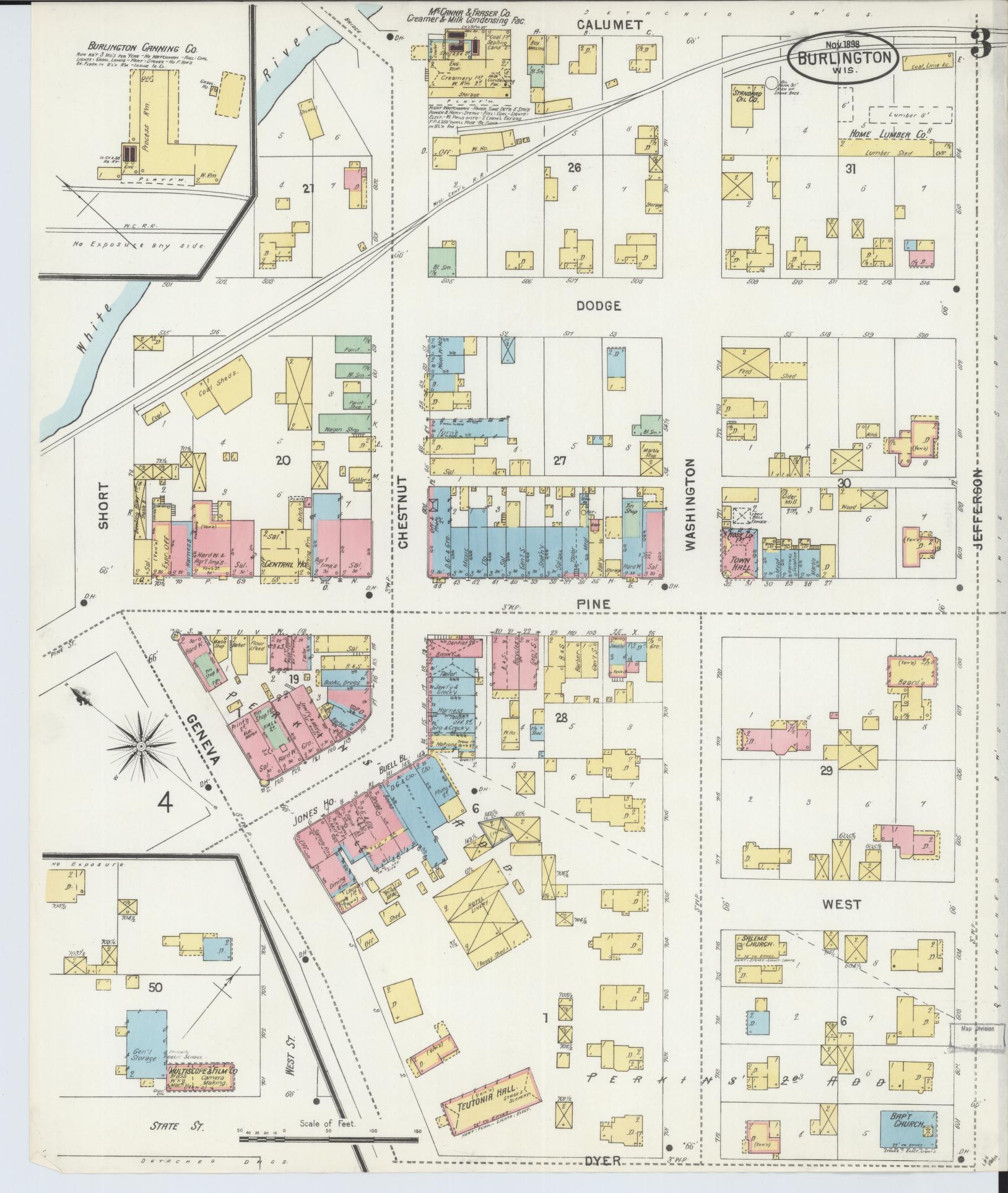 Sanborn Fire Insurance Map from Burlington, Racine County, Wisconsin (1898), Sheet #0003 - Complete Map Set gallery image, historic Sanborn map, vintage wall art, Wisconsin Wisconsin