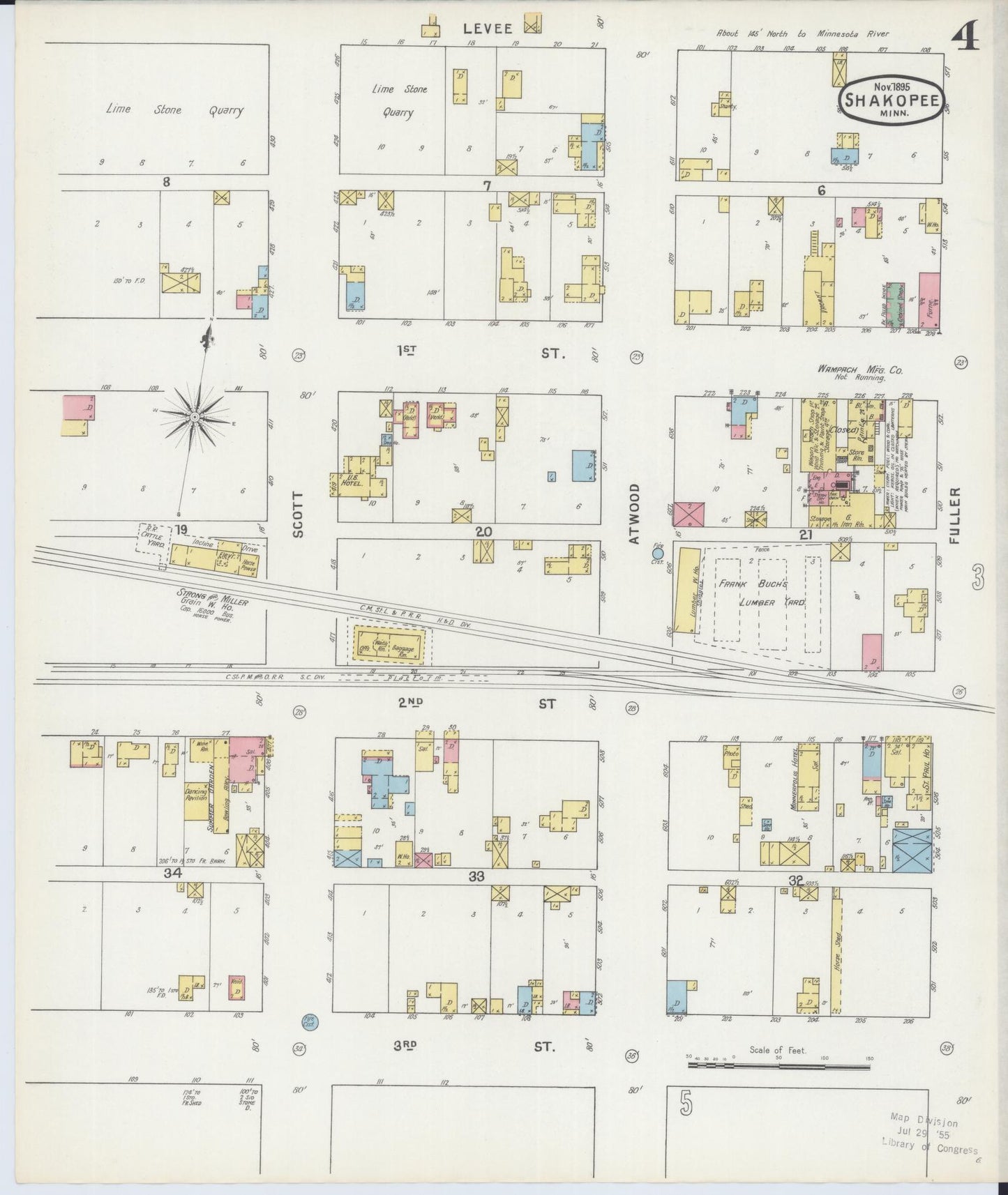 Sanborn Fire Insurance Map from Shakopee, Scott County, Minnesota (1895), Sheet #0004 - Historic Sanborn Fire Insurance Map Print, vintage old map wall art, antique decor, genealogy gift, Minnesota Minnesota map