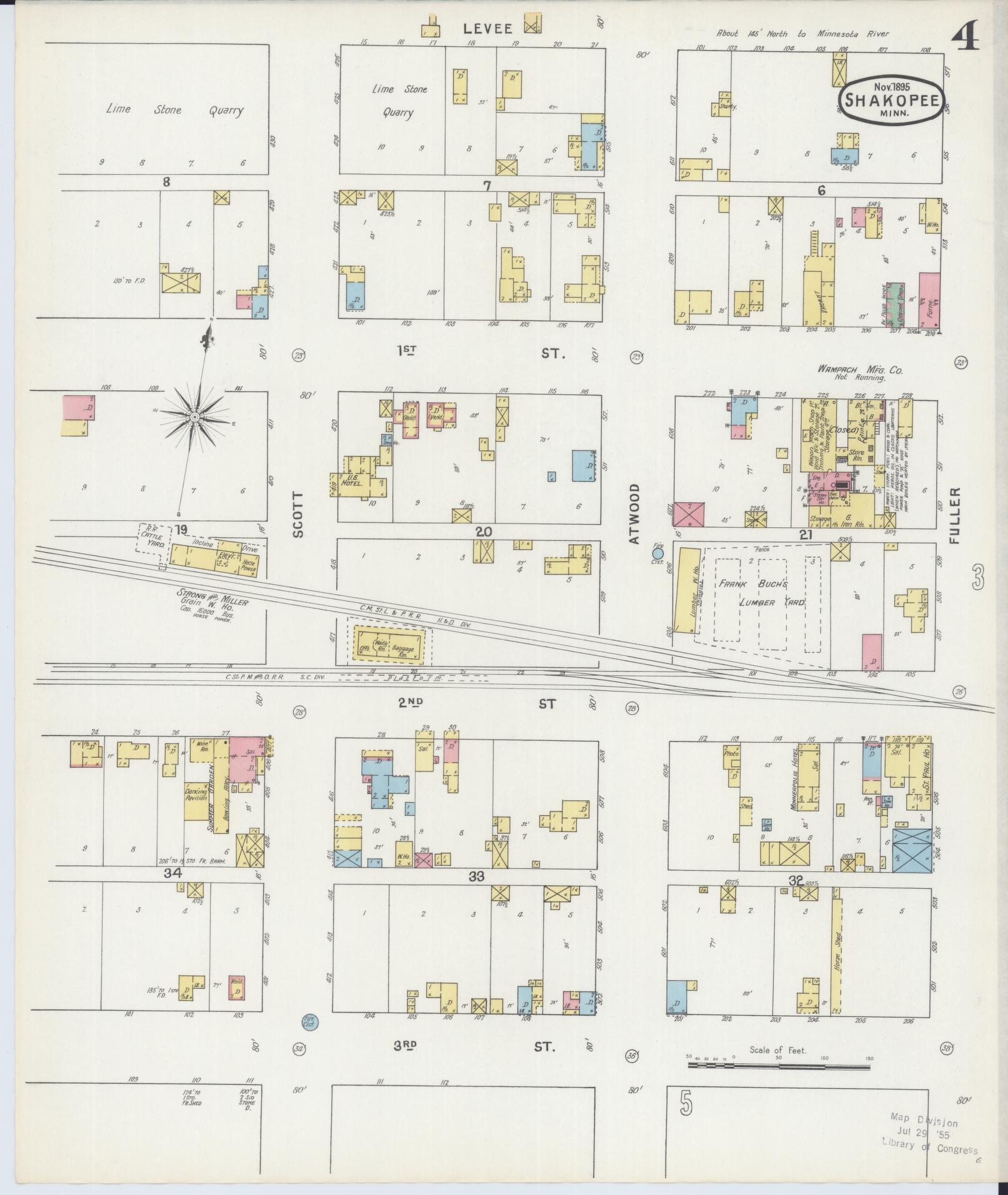 Sanborn Fire Insurance Map from Shakopee, Scott County, Minnesota (1895), Sheet #0004 - Historic Sanborn Fire Insurance Map Print, vintage old map wall art, antique decor, genealogy gift, Minnesota Minnesota map