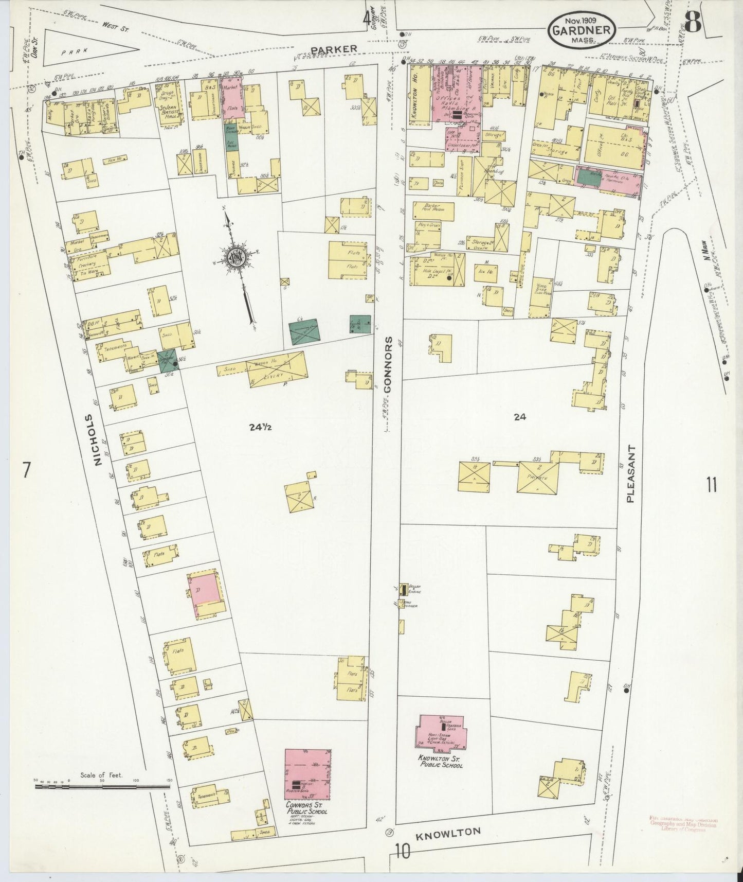Sanborn Fire Insurance Map from Gardner, Worcester County, Massachusetts (1909), Sheet #0008 - Historic Sanborn Fire Insurance Map Print, vintage old map wall art, antique decor, genealogy gift, Massachusetts Massachusetts map