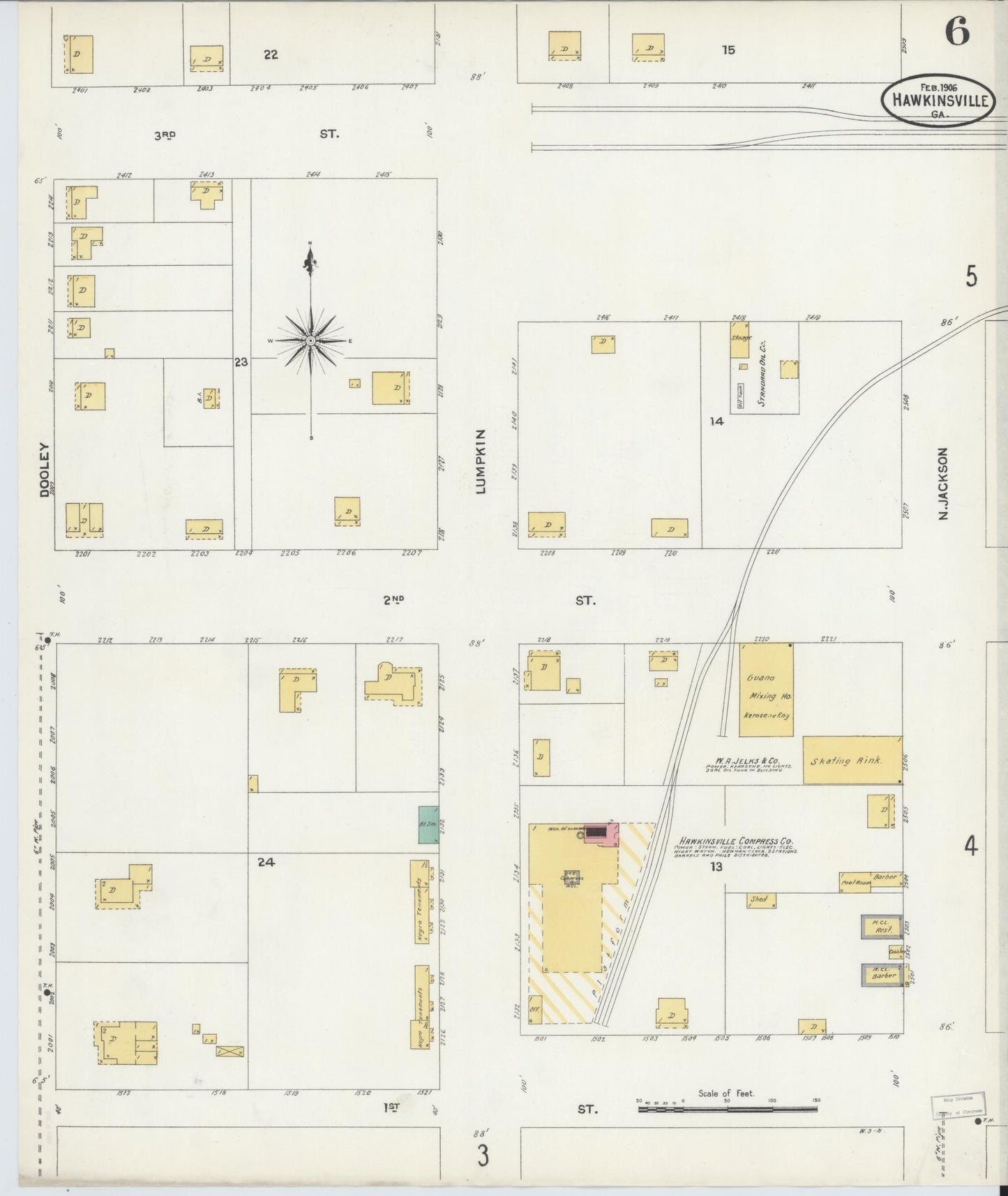 Sanborn Fire Insurance Map from Hawkinsville, Pulaski County, Georgia (1906), Sheet #0006 - Historic Sanborn Fire Insurance Map Print, vintage old map wall art, antique decor, genealogy gift, Georgia Georgia map