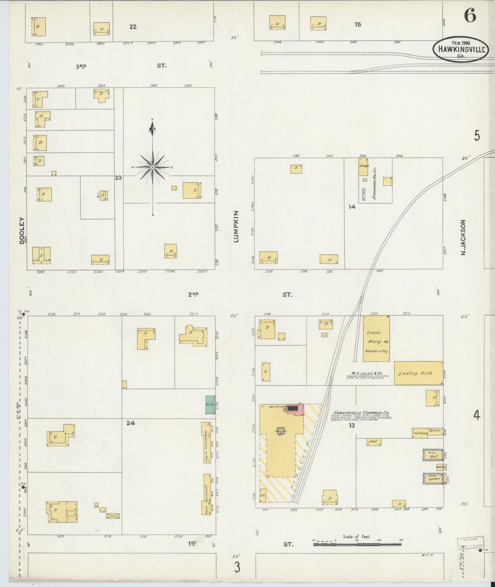 Sanborn Fire Insurance Map from Hawkinsville, Pulaski County, Georgia (1906), Sheet #0006 - Historic Sanborn Fire Insurance Map Print, vintage old map wall art, antique decor, genealogy gift, Georgia Georgia map