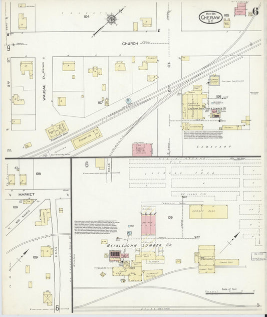 Sanborn Fire Insurance Map from Cheraw, Chesterfield County, South Carolina (1914), Sheet #0006 - Historic Sanborn Fire Insurance Map Print, vintage old map wall art, antique decor, genealogy gift, South Carolina South Carolina map