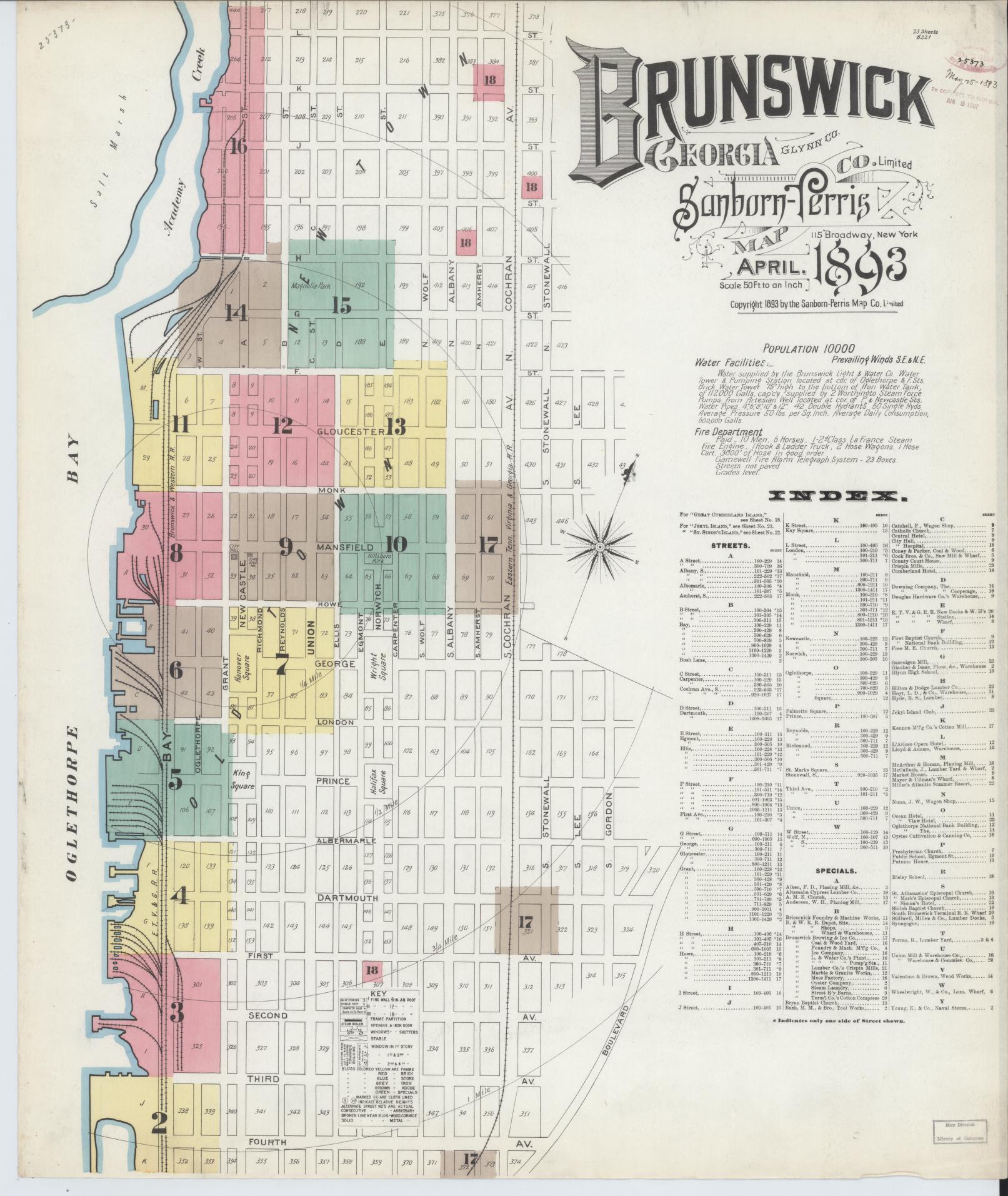 Sanborn Fire Insurance Map from Brunswick, Glynn County, Georgia (1893), Sheet #0001 - Complete Map Set gallery image, historic Sanborn map, vintage wall art, Georgia Georgia