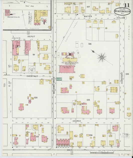 Sanborn Fire Insurance Map from Winston-Salem, Forsyth County, North Carolina (1895), Sheet #0011 - Historic Sanborn Fire Insurance Map Print, vintage old map wall art, antique decor, genealogy gift, North Carolina North Carolina map