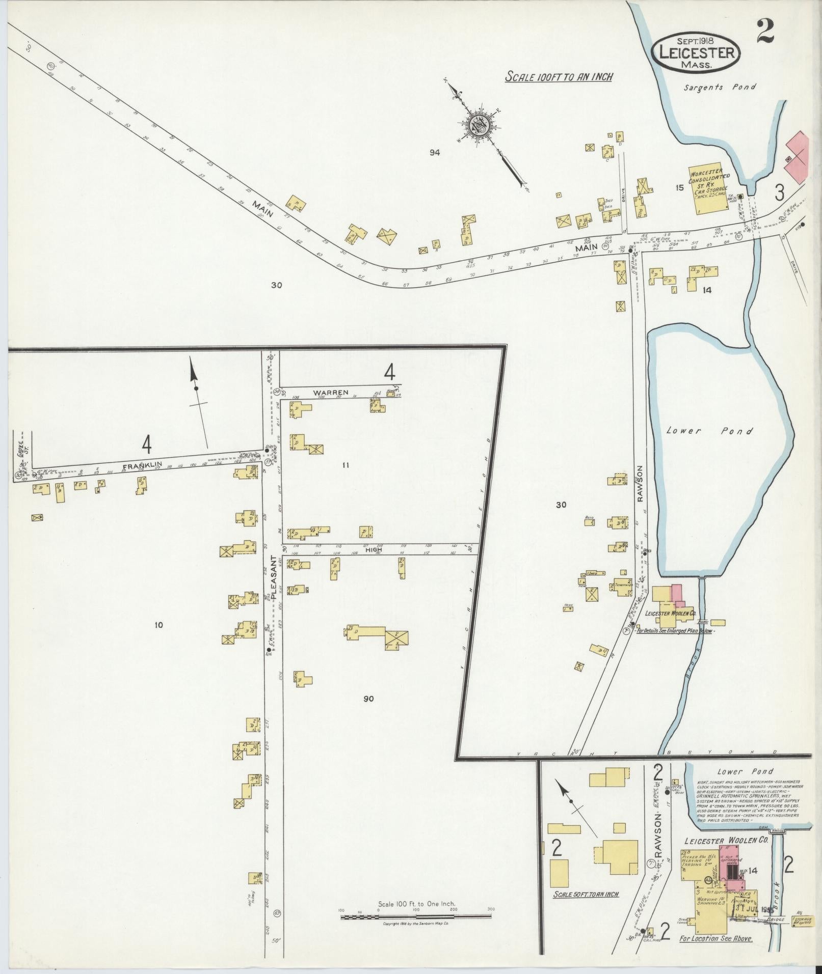 Sanborn Fire Insurance Map from Leicester, Worcester County, Massachusetts (1918), Sheet #0002 - Historic Sanborn Fire Insurance Map Print, vintage old map wall art, antique decor, genealogy gift, Massachusetts Massachusetts map