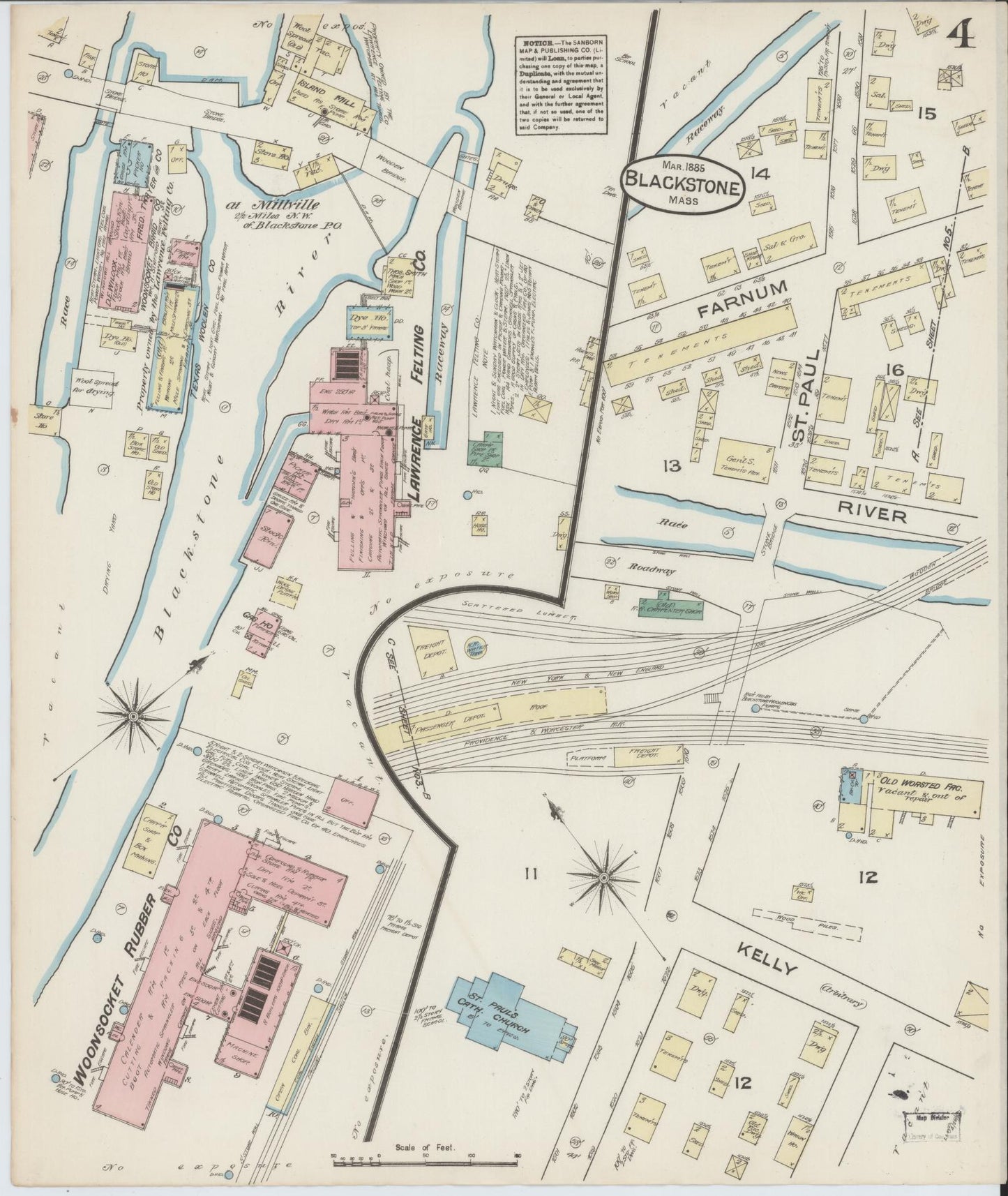 Sanborn Fire Insurance Map from Blackstone, Worcester County, Massachusetts (1885), Sheet #0004 - Complete Map Set gallery image, historic Sanborn map, vintage wall art, Massachusetts Massachusetts