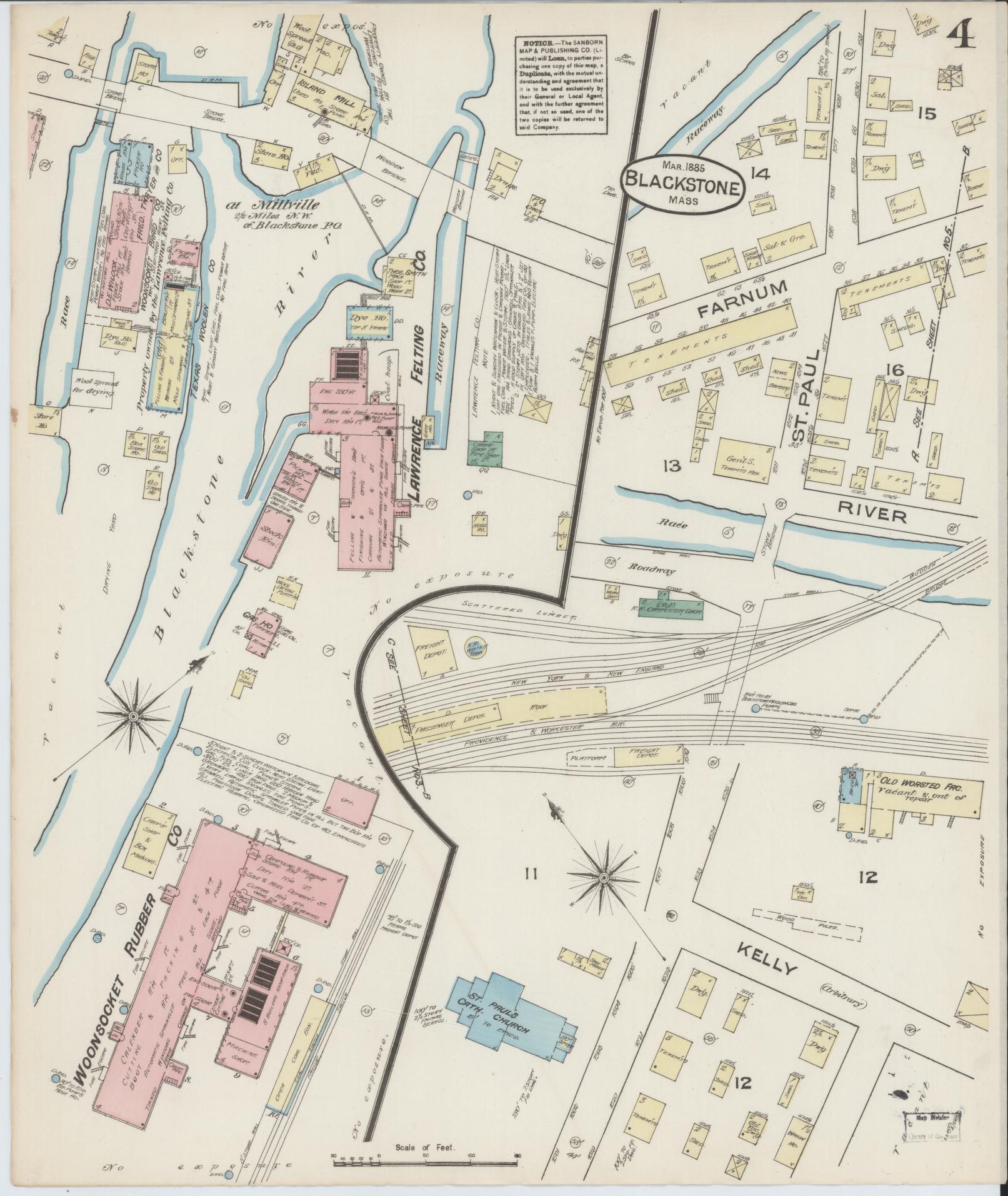 Sanborn Fire Insurance Map from Blackstone, Worcester County, Massachusetts (1885), Sheet #0004 - Complete Map Set gallery image, historic Sanborn map, vintage wall art, Massachusetts Massachusetts