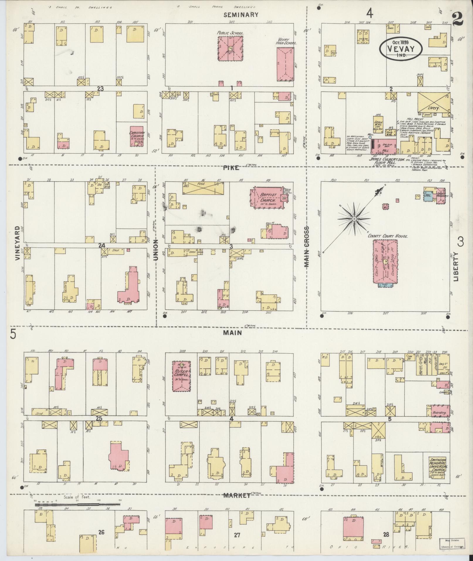 Sanborn Fire Insurance Map from Vevay, Switzerland County, Indiana (1899), Sheet #0002 - Historic Sanborn Fire Insurance Map Print, vintage old map wall art, antique decor, genealogy gift, Indiana Indiana map