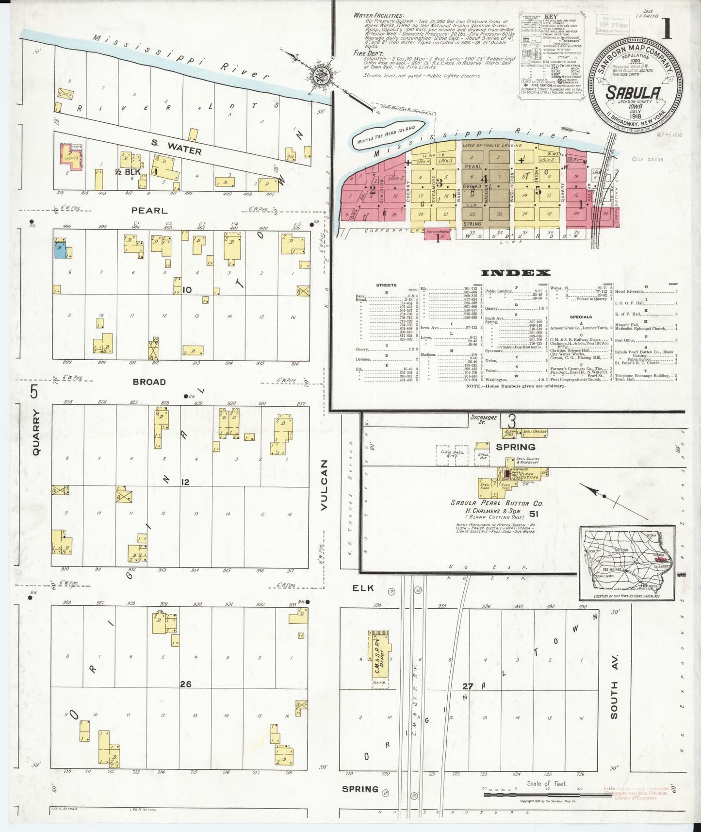 Sanborn Fire Insurance Map from Sabula, Jackson County, Iowa (1918), Sheet #0001 - Historic Sanborn Fire Insurance Map Print, vintage old map wall art