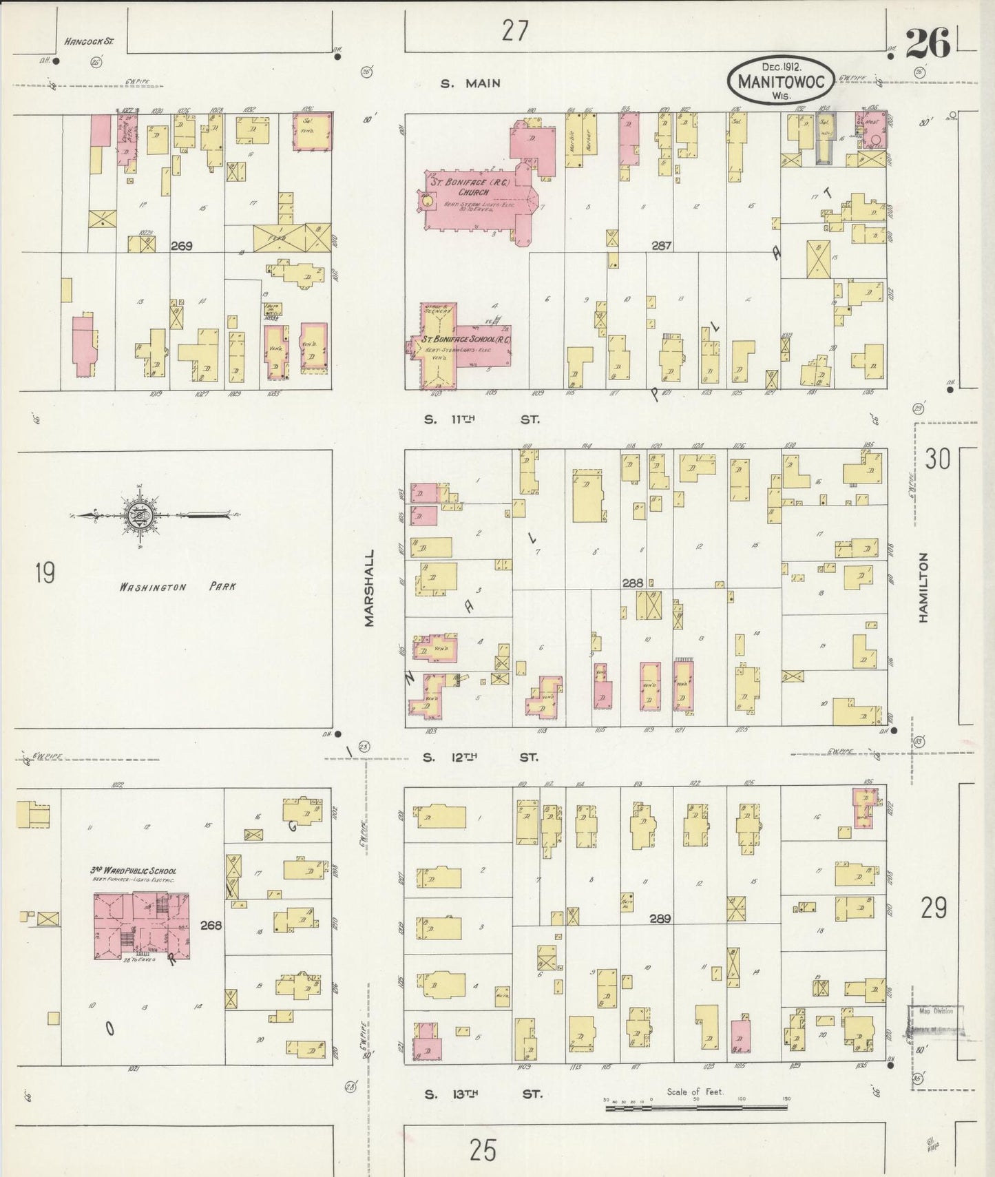 Sanborn Fire Insurance Map from Manitowoc, Manitowoc County, Wisconsin (1912), Sheet #0026 - Historic Sanborn Fire Insurance Map Print, vintage old map wall art, antique decor, genealogy gift, Wisconsin Wisconsin map