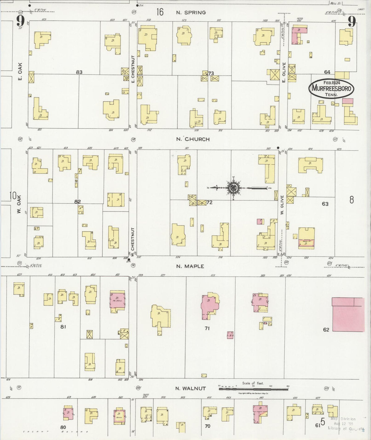 Sanborn Fire Insurance Map from Murfreesboro, Rutherford County, Tennessee (1924), Sheet #0009 - Complete Map Set gallery image, historic Sanborn map, vintage wall art, Tennessee Tennessee