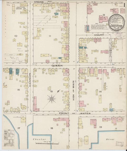 Sanborn Fire Insurance Map from Chestertown, Kent County, Maryland (1885), Sheet #0001 - Historic Sanborn Fire Insurance Map Print, vintage old map wall art, antique decor, genealogy gift, Maryland Maryland map