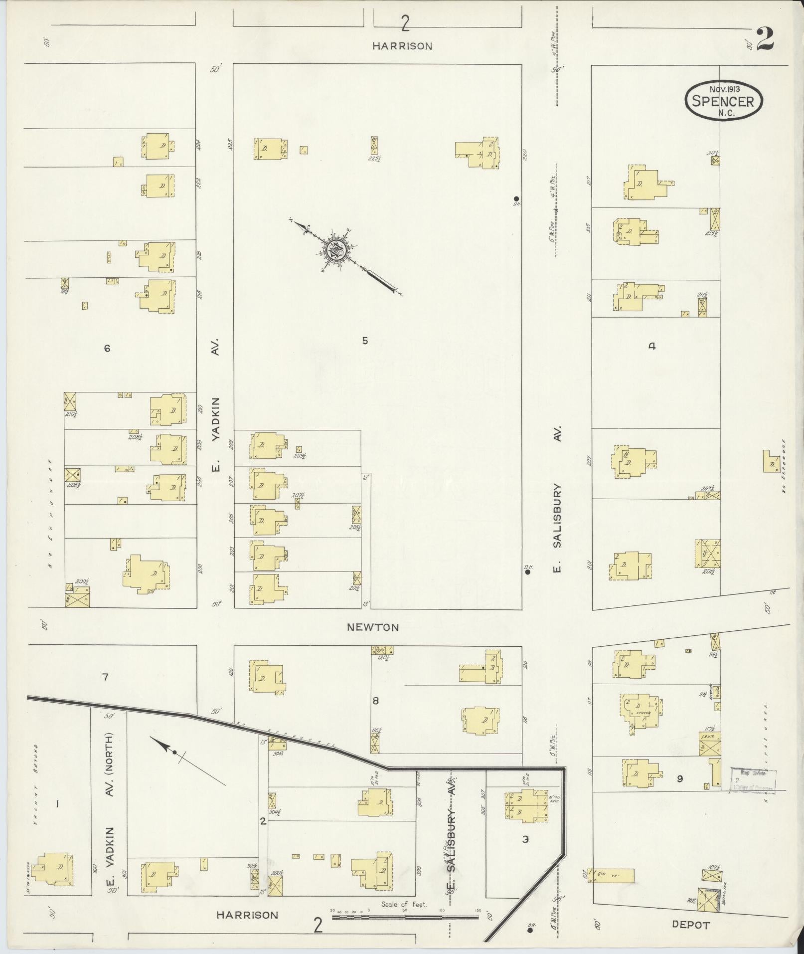 Sanborn Fire Insurance Map from Spencer, Rowan County, North Carolina (1913), Sheet #0002 - Complete Map Set gallery image, historic Sanborn map, vintage wall art, North Carolina North Carolina