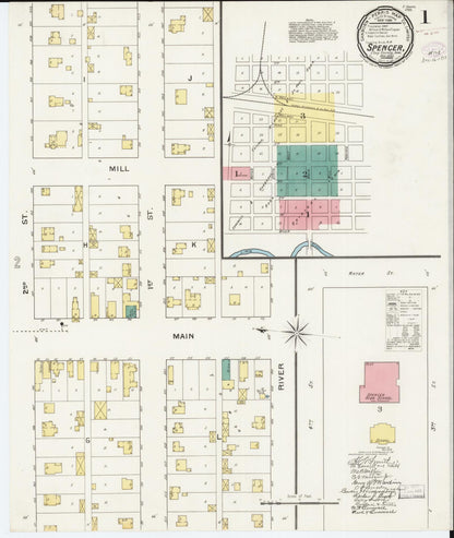 Sanborn Fire Insurance Map from Spencer, Clay County, Iowa (1893), Sheet #0001 - Historic Sanborn Fire Insurance Map Print, vintage old map wall art