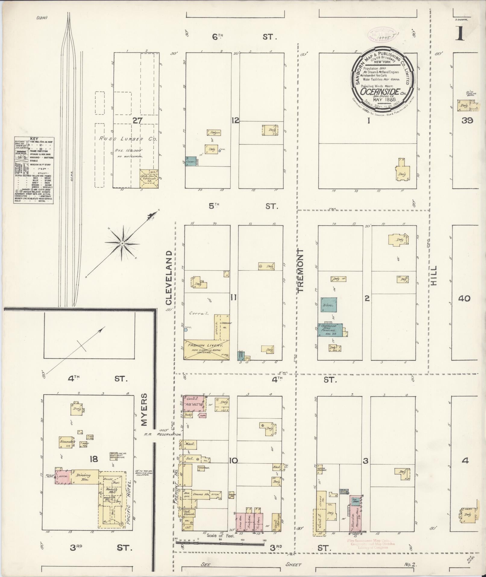 Sanborn Fire Insurance Map from Oceanside, San Diego County, California (1888), Sheet #0001 - Complete Map Set gallery image, historic Sanborn map, vintage wall art, California California