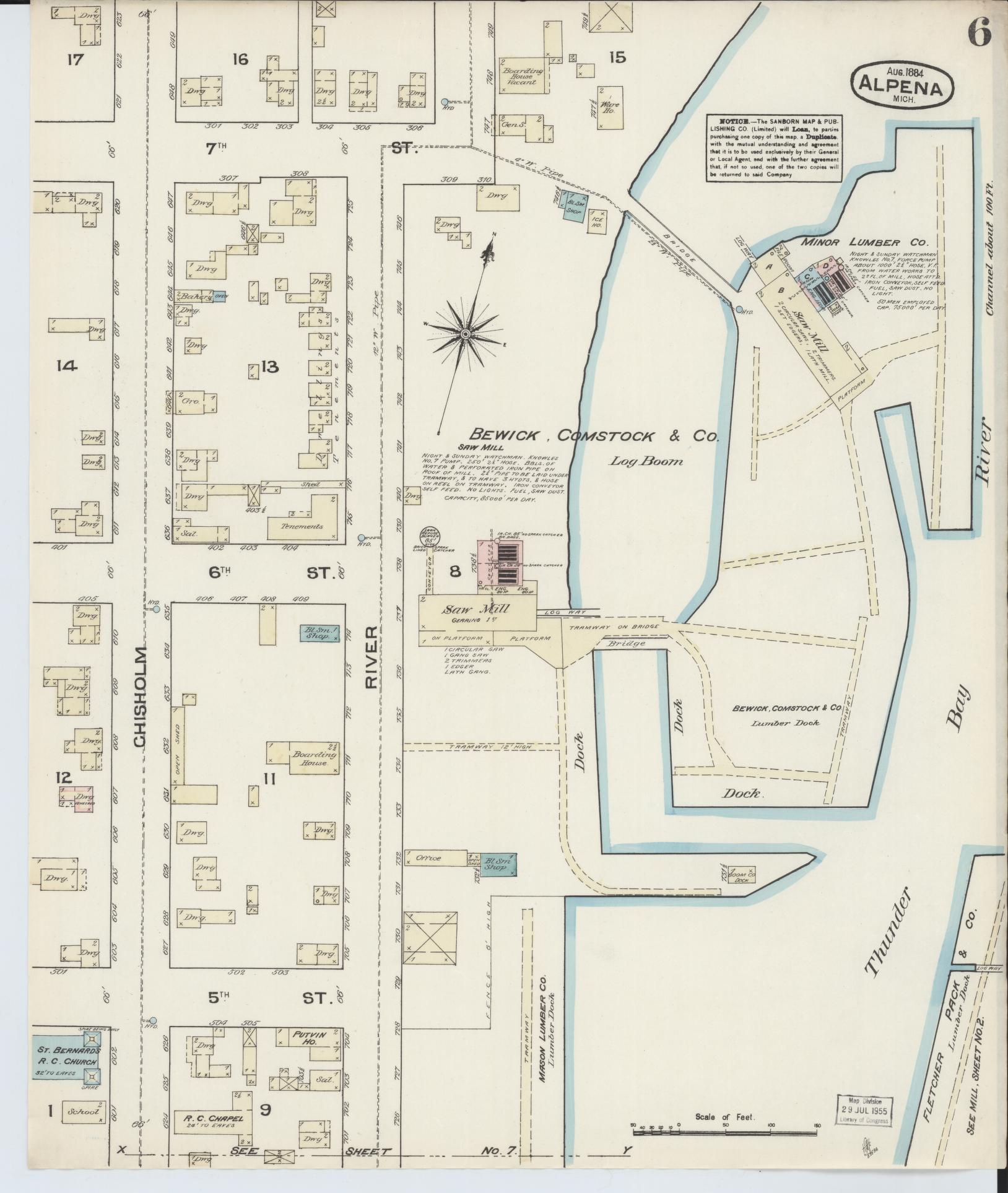 Sanborn Fire Insurance Map from Alpena, Alpena County, Michigan (1884), Sheet #0006 - Historic Sanborn Fire Insurance Map Print, vintage old map wall art, antique decor, genealogy gift, Michigan Michigan map