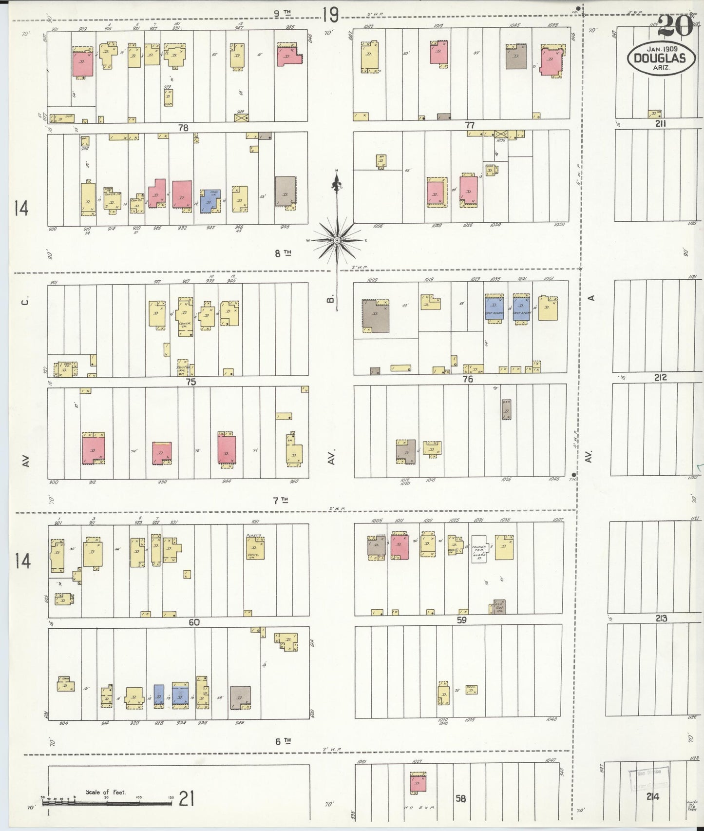 Sanborn Fire Insurance Map from Douglas, Cochise County, Arizona (1909), Sheet #0020 - Complete Map Set gallery image, historic Sanborn map, vintage wall art, Arizona Arizona