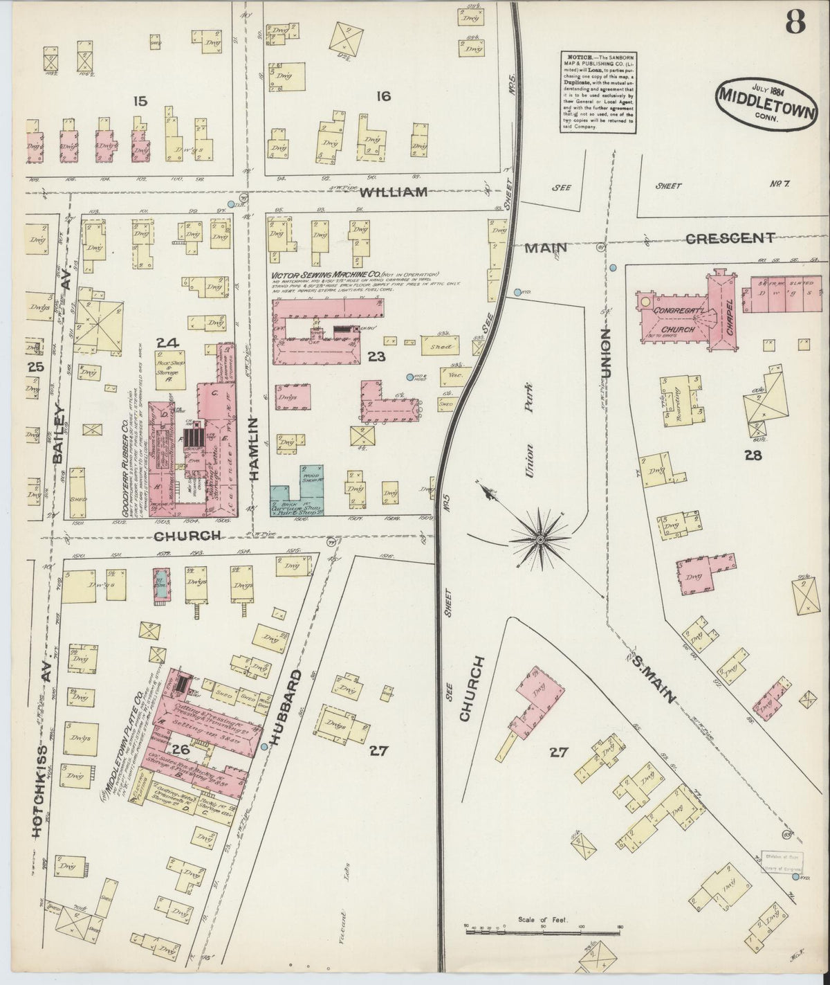 Sanborn Fire Insurance Map from Middletown, Middlesex County, Connecticut (1884), Sheet #0007 - Historic Sanborn Fire Insurance Map Print, vintage old map wall art, antique decor, genealogy gift, Connecticut Connecticut map
