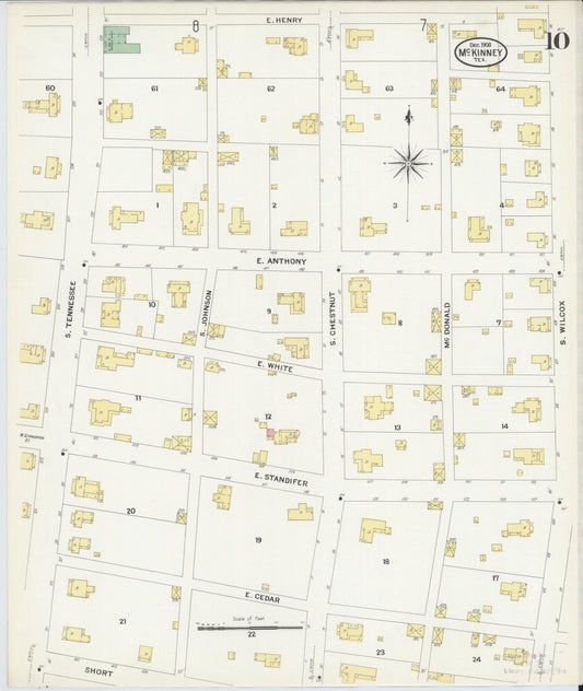 Sanborn Fire Insurance Map from McKinney, Collin County, Texas (1908), Sheet #0010 - Historic Sanborn Fire Insurance Map Print, vintage old map wall art, antique decor, genealogy gift, Texas Texas map