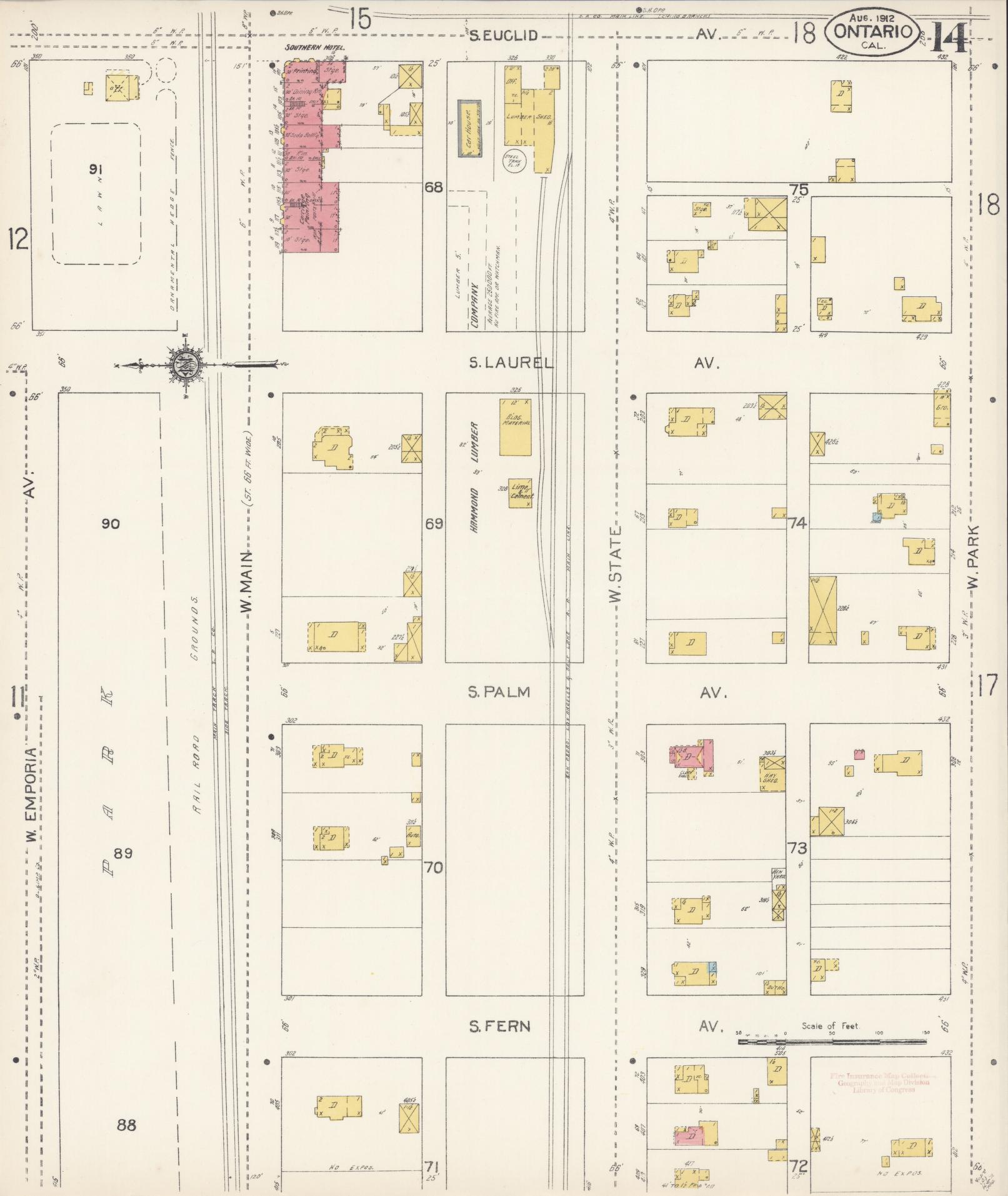 Sanborn Fire Insurance Map from Ontario, San Bernardino County, California (1912), Sheet #0014 - Complete Map Set gallery image, historic Sanborn map, vintage wall art, California California