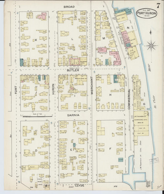 Sanborn Fire Insurance Map from Port Huron, Saint Clair County, Michigan (1887), Sheet #0007 - Historic Sanborn Fire Insurance Map Print, vintage old map wall art, antique decor, genealogy gift, Michigan Michigan map