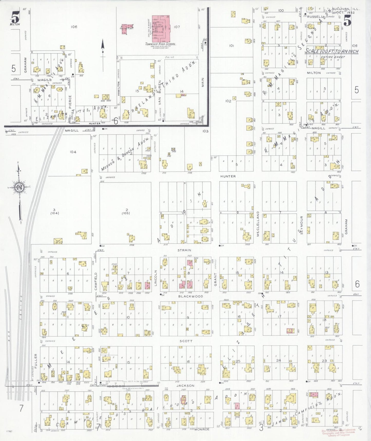 Sanborn Fire Insurance Map from Sullivan, Moultrie County, Illinois (1932), Sheet #0005 - Historic Sanborn Fire Insurance Map Print, vintage old map wall art, antique decor, genealogy gift, Illinois Illinois map