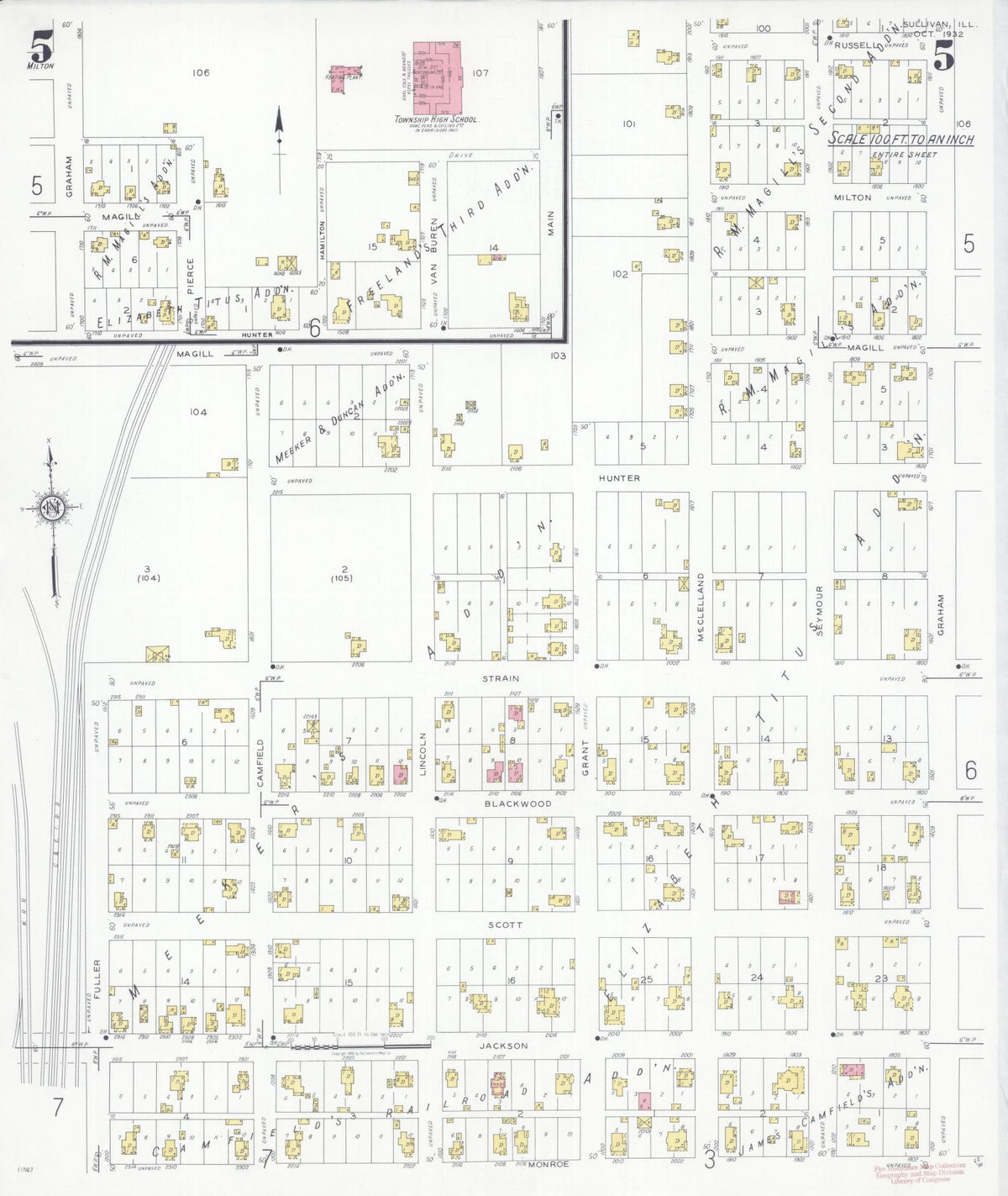 Sanborn Fire Insurance Map from Sullivan, Moultrie County, Illinois (1932), Sheet #0005 - Historic Sanborn Fire Insurance Map Print, vintage old map wall art, antique decor, genealogy gift, Illinois Illinois map
