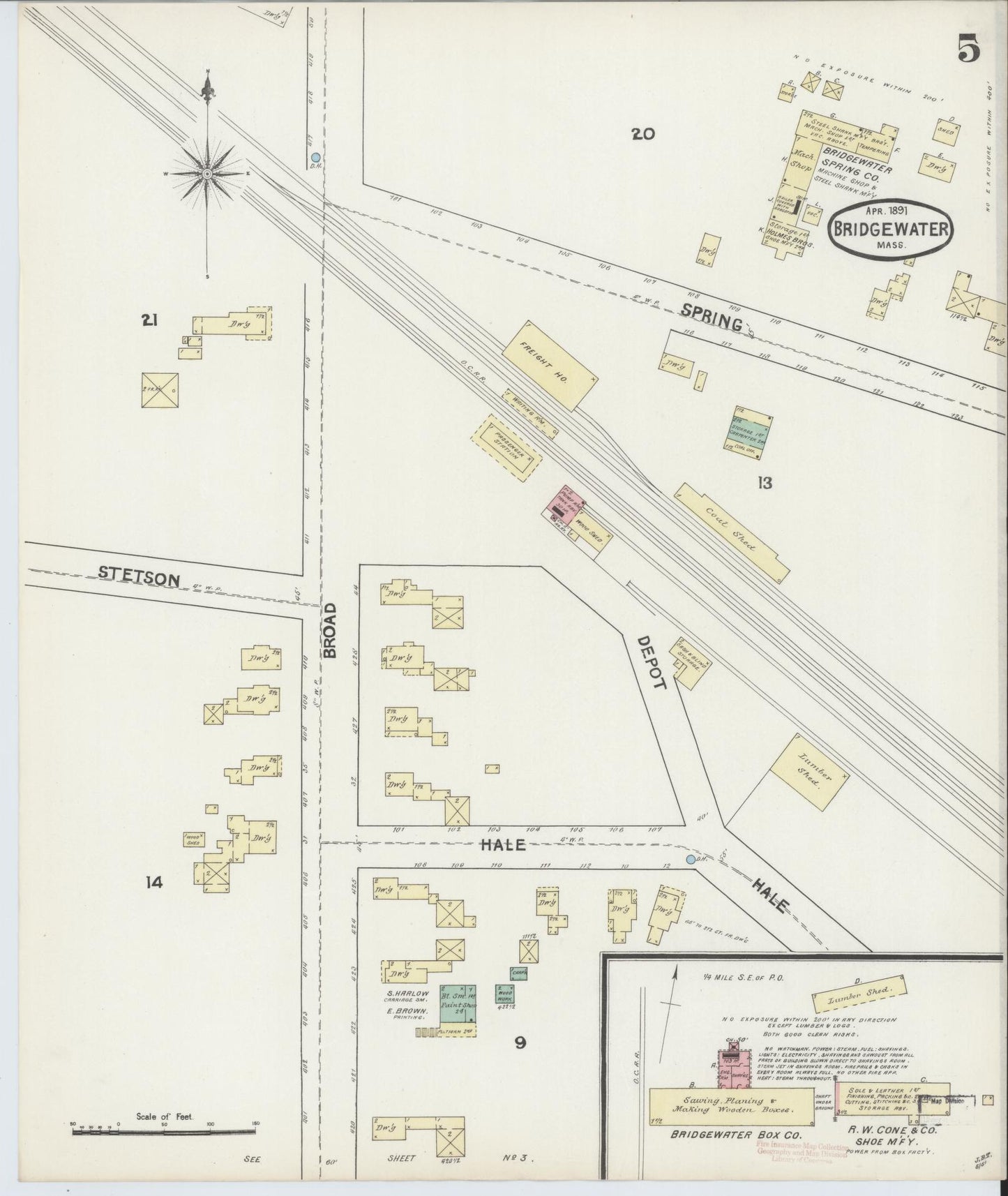 Sanborn Fire Insurance Map from Bridgewater, Plymouth County, Massachusetts (1891), Sheet #0005 - Historic Sanborn Fire Insurance Map Print, vintage old map wall art, antique decor, genealogy gift, Massachusetts Massachusetts map