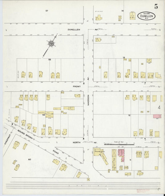 Sanborn Fire Insurance Map from Dunellen, Middlesex County, New Jersey (1910), Sheet #0005 - Historic Sanborn Fire Insurance Map Print, vintage old map wall art, antique decor, genealogy gift, New Jersey New Jersey map