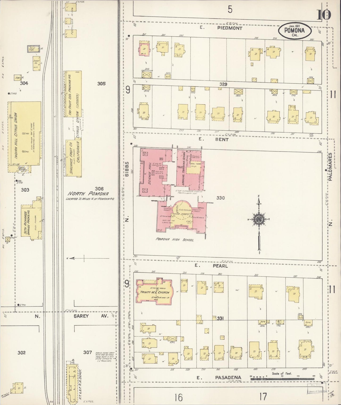Sanborn Fire Insurance Map from Pomona, Los Angeles County, California (1911), Sheet #0010 - Complete Map Set gallery image, historic Sanborn map, vintage wall art, California California