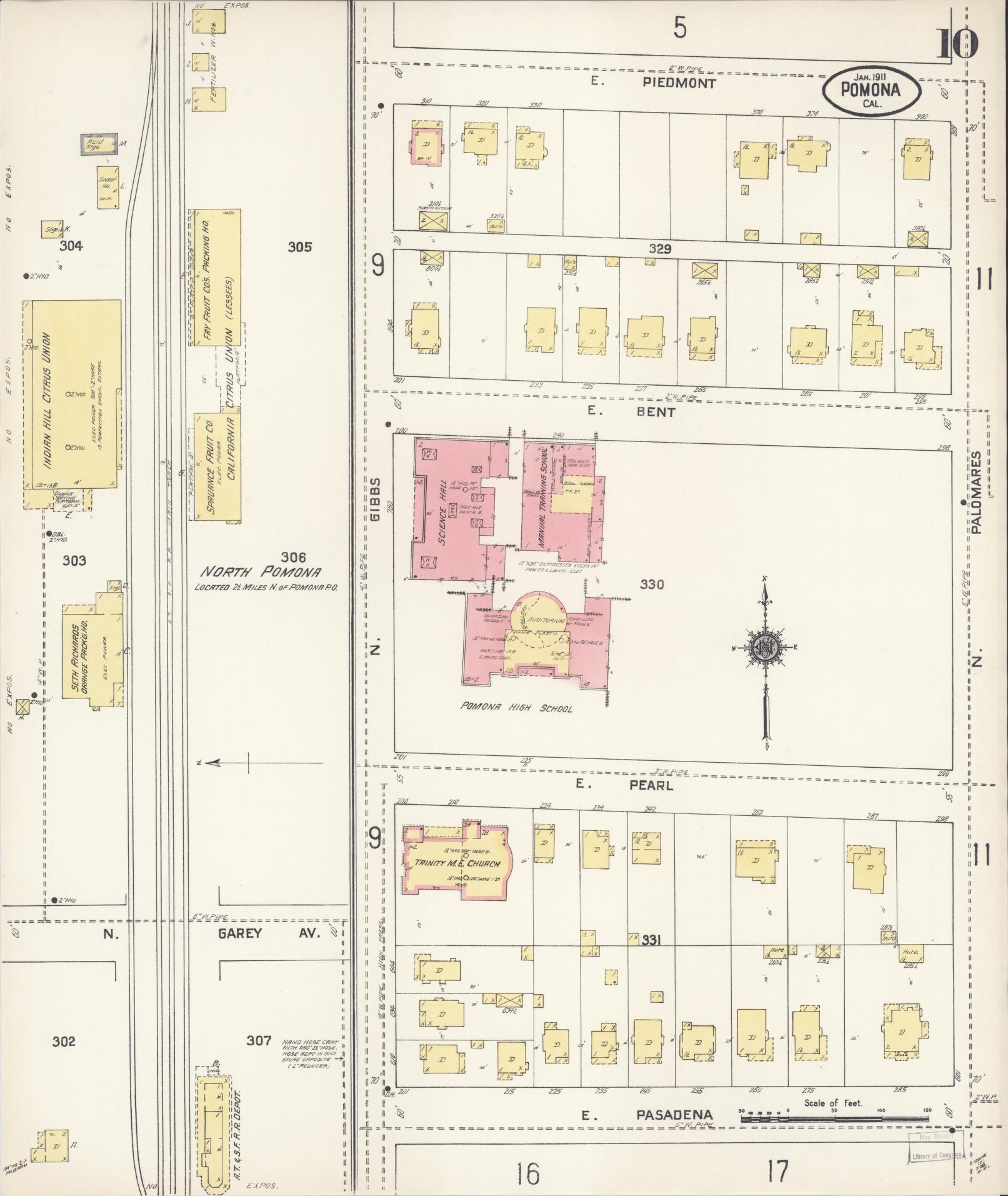 Sanborn Fire Insurance Map from Pomona, Los Angeles County, California (1911), Sheet #0010 - Complete Map Set gallery image, historic Sanborn map, vintage wall art, California California