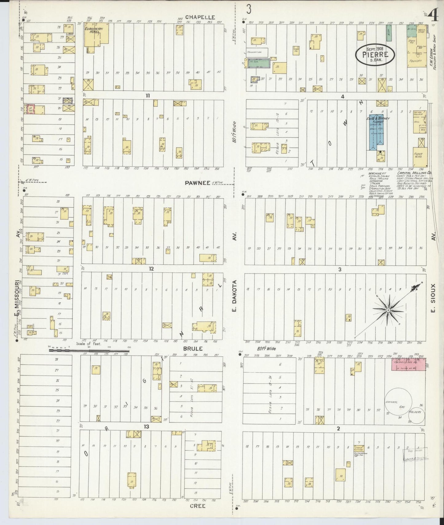Sanborn Fire Insurance Map from Pierre, Hughes County, South Dakota (1908), Sheet #0004 - Historic Sanborn Fire Insurance Map Print, vintage old map wall art, antique decor, genealogy gift, South Dakota South Dakota map