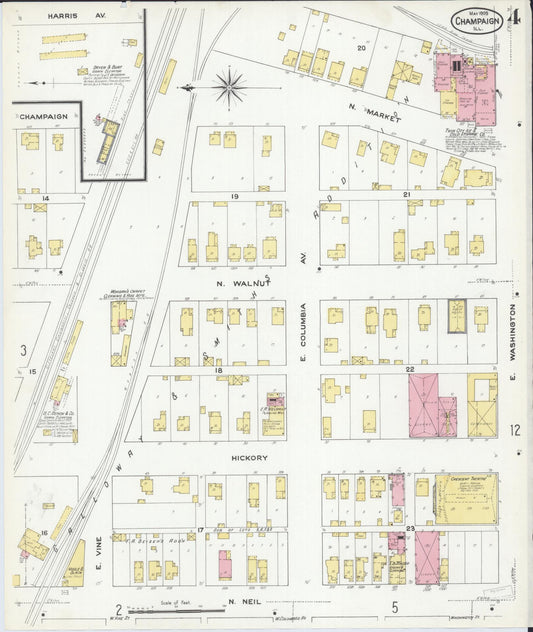 Sanborn Fire Insurance Map from Champaign, Champaign County, Illinois (1909), Sheet #0004 - Historic Sanborn Fire Insurance Map Print, vintage old map wall art, antique decor, genealogy gift, Illinois Illinois map