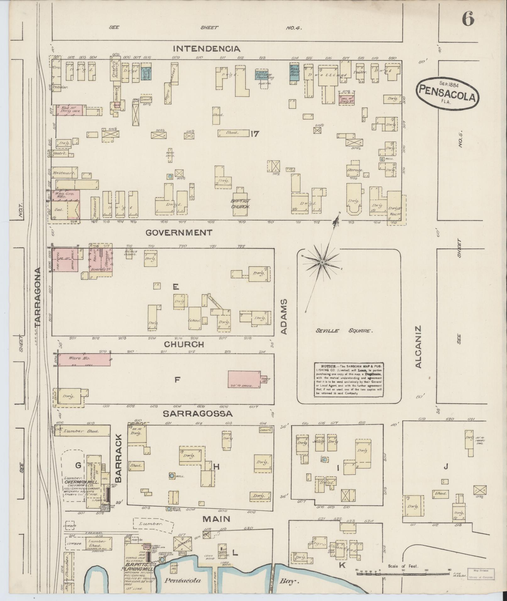 Sanborn Fire Insurance Map from Pensacola, Escambia County, Florida (1884), Sheet #0006 - Complete Map Set gallery image, historic Sanborn map, vintage wall art, Florida Florida