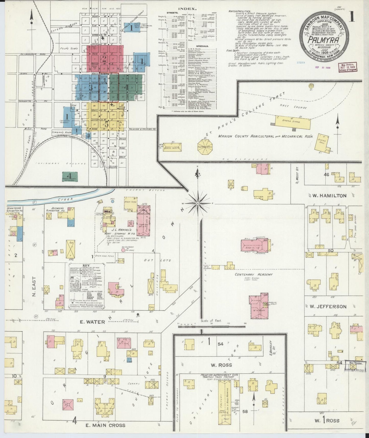 Sanborn Fire Insurance Map from Palmyra, Marion County, Missouri (1909), Sheet #0001 - Historic Sanborn Fire Insurance Map Print, vintage old map wall art, antique decor, genealogy gift, Missouri Missouri map