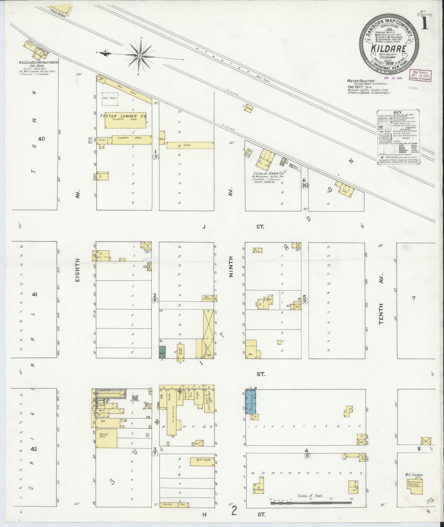 Sanborn Fire Insurance Map from Kildare, Kay County, Oklahoma (1909), Sheet #0001 - Historic Sanborn Fire Insurance Map Print, vintage old map wall art, antique decor, genealogy gift, Oklahoma Oklahoma map