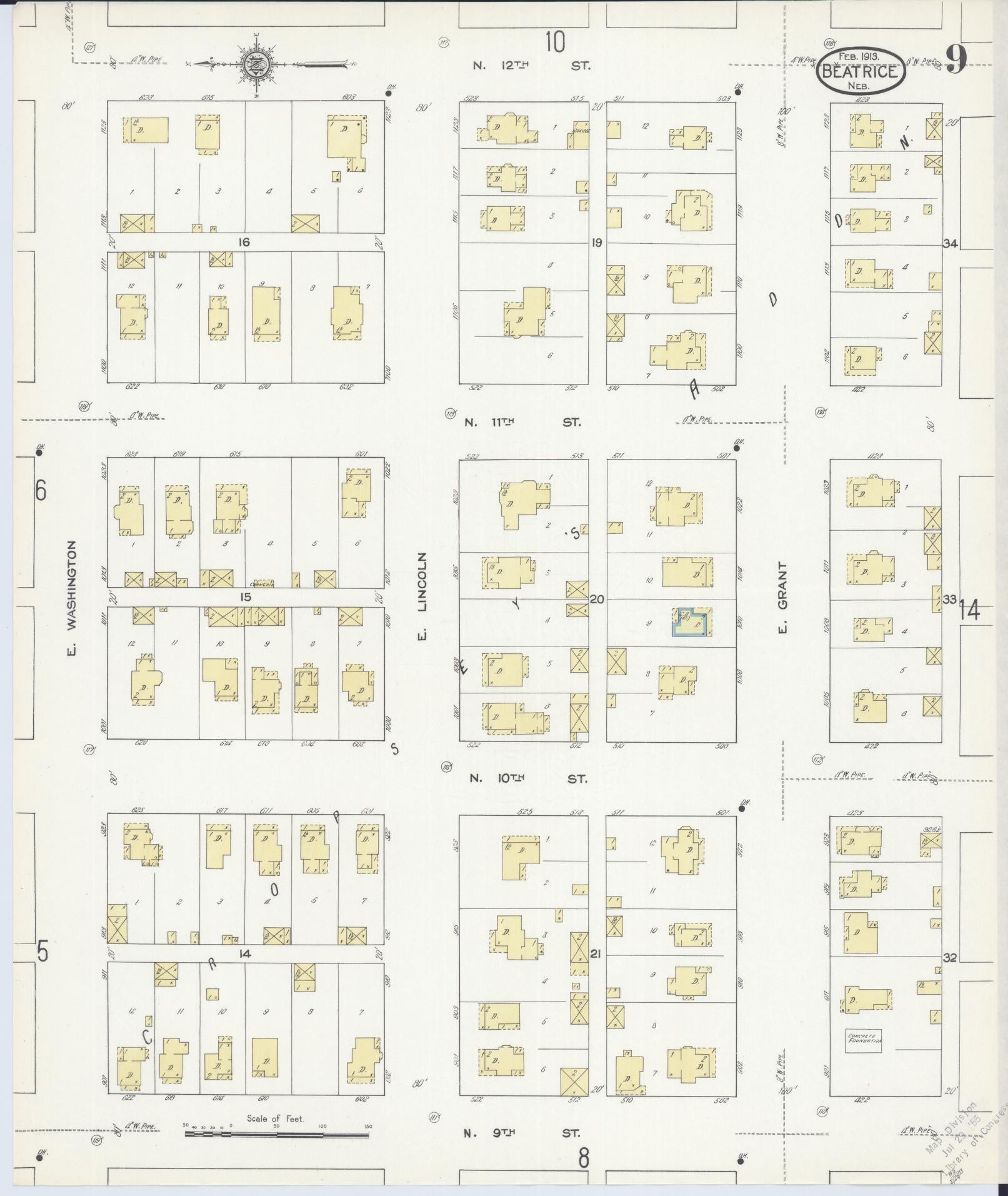 Sanborn Fire Insurance Map from Beatrice, Gage County, Nebraska (1913), Sheet #0009 - Historic Sanborn Fire Insurance Map Print, vintage old map wall art, antique decor, genealogy gift, Nebraska Nebraska map