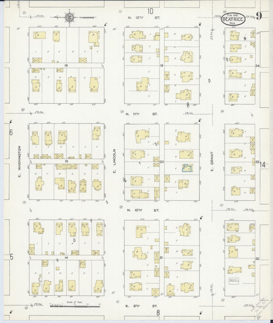 Sanborn Fire Insurance Map from Beatrice, Gage County, Nebraska (1913), Sheet #0009 - Historic Sanborn Fire Insurance Map Print, vintage old map wall art, antique decor, genealogy gift, Nebraska Nebraska map