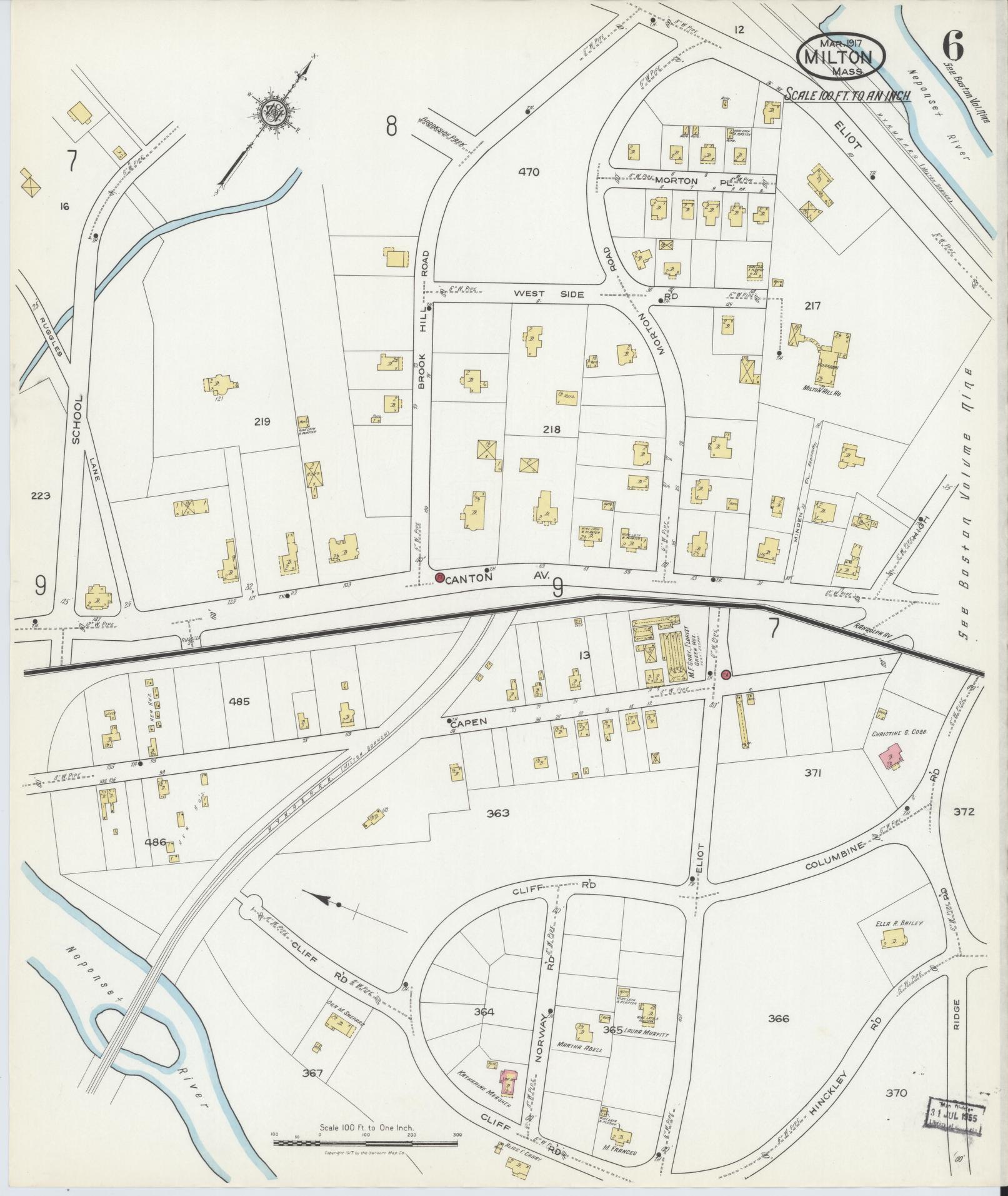 Sanborn Fire Insurance Map from Milton, Norfolk County, Massachusetts (1917), Sheet #0006 - Historic Sanborn Fire Insurance Map Print, vintage old map wall art, antique decor, genealogy gift, Massachusetts Massachusetts map