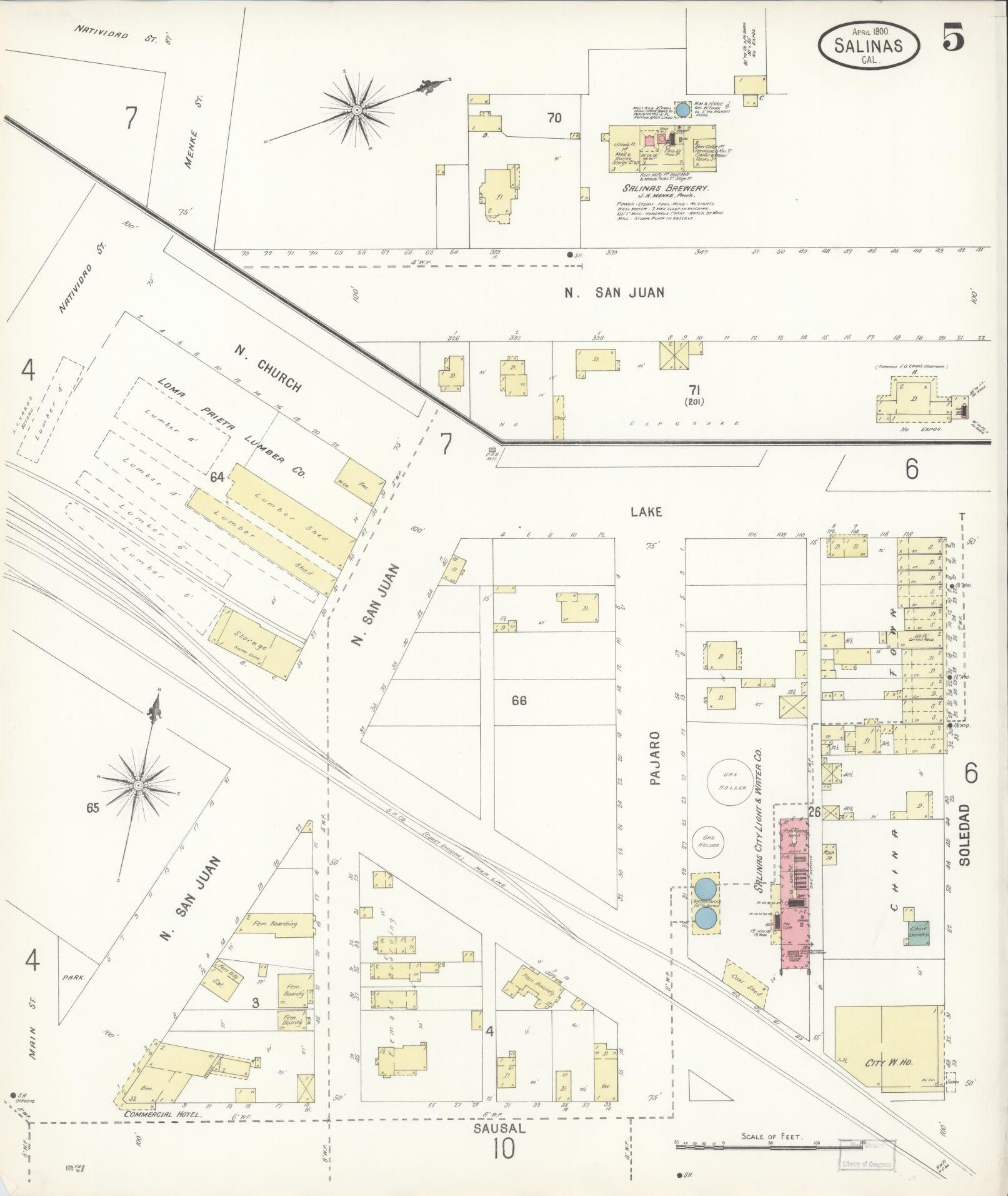 Sanborn Fire Insurance Map from Salinas, Monterey County, California (1900), Sheet #0005 - Complete Map Set gallery image, historic Sanborn map, vintage wall art, California California