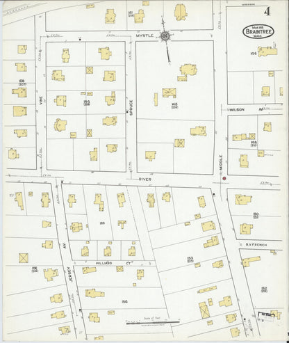Sanborn Fire Insurance Map from Braintree, Norfolk County, Massachusetts (1919), Sheet #0004 - Historic Sanborn Fire Insurance Map Print, vintage old map wall art, antique decor, genealogy gift, Massachusetts Massachusetts map
