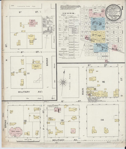 Sanborn Fire Insurance Map from Fremont, Dodge County, Nebraska (1888), Sheet #0001 - Complete Map Set gallery image, historic Sanborn map, vintage wall art, Nebraska Nebraska