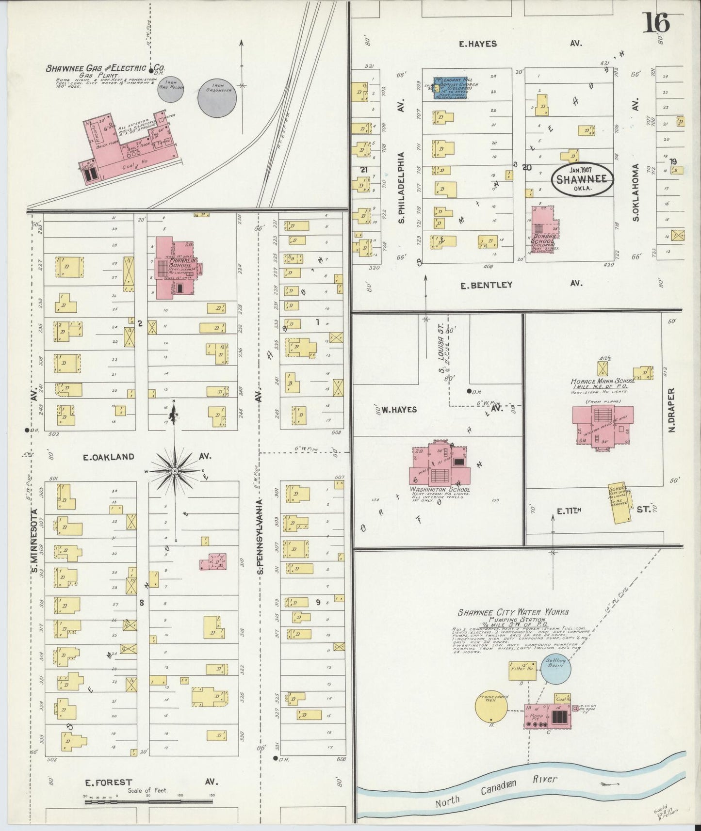 Sanborn Fire Insurance Map from Shawnee, Pottawatomie County, Oklahoma (1907), Sheet #0016 - Complete Map Set gallery image, historic Sanborn map, vintage wall art, Oklahoma Oklahoma