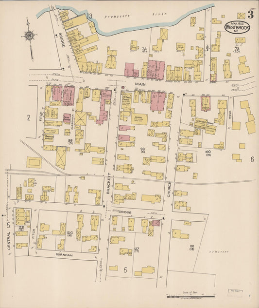Sanborn Fire Insurance Map from Westbrook, Cumberland County, Maine (1922), Sheet #0003 - Historic Sanborn Fire Insurance Map Print, vintage old map wall art, antique decor, genealogy gift, Maine Maine map