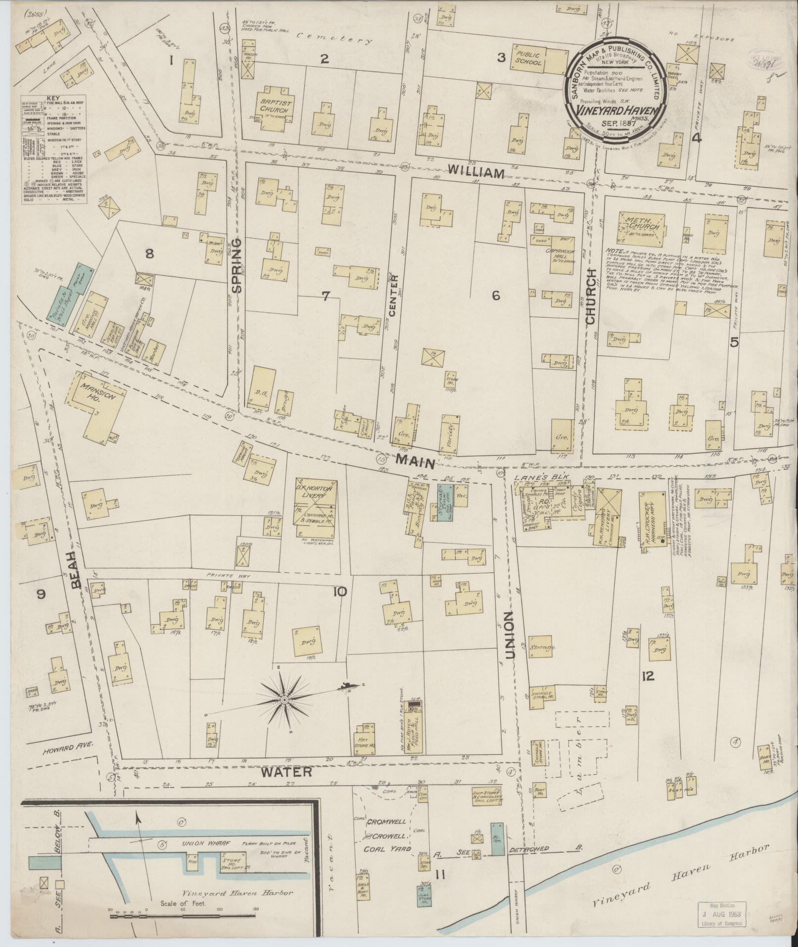 Sanborn Fire Insurance Map from Vineyard Haven, Dukes County, Massachusetts (1887), Sheet #0001 - Historic Sanborn Fire Insurance Map Print, vintage old map wall art, antique decor, genealogy gift, Massachusetts Massachusetts map