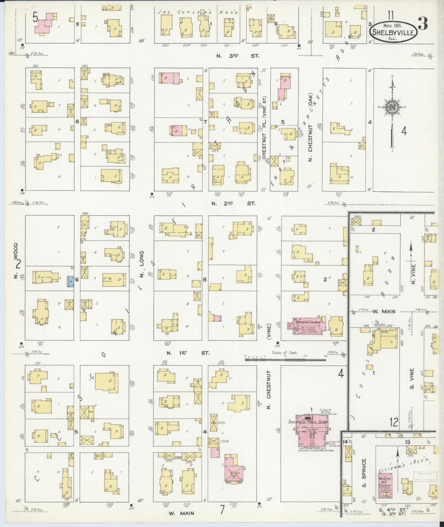 Sanborn Fire Insurance Map from Shelbyville, Shelby County, Illinois (1911), Sheet #0003 - Historic Sanborn Fire Insurance Map Print, vintage old map wall art, antique decor, genealogy gift, Illinois Illinois map