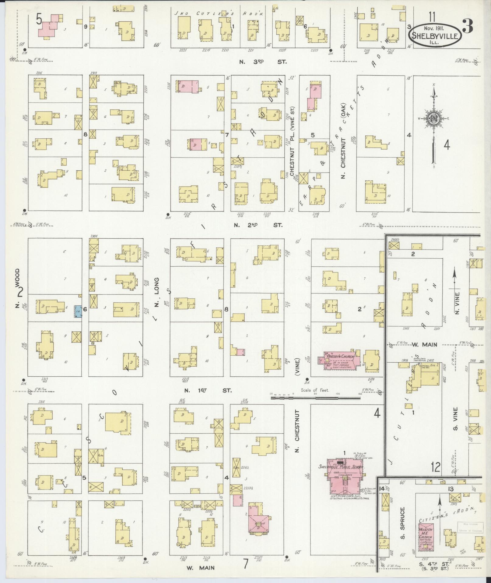 Sanborn Fire Insurance Map from Shelbyville, Shelby County, Illinois (1911), Sheet #0003 - Historic Sanborn Fire Insurance Map Print, vintage old map wall art, antique decor, genealogy gift, Illinois Illinois map